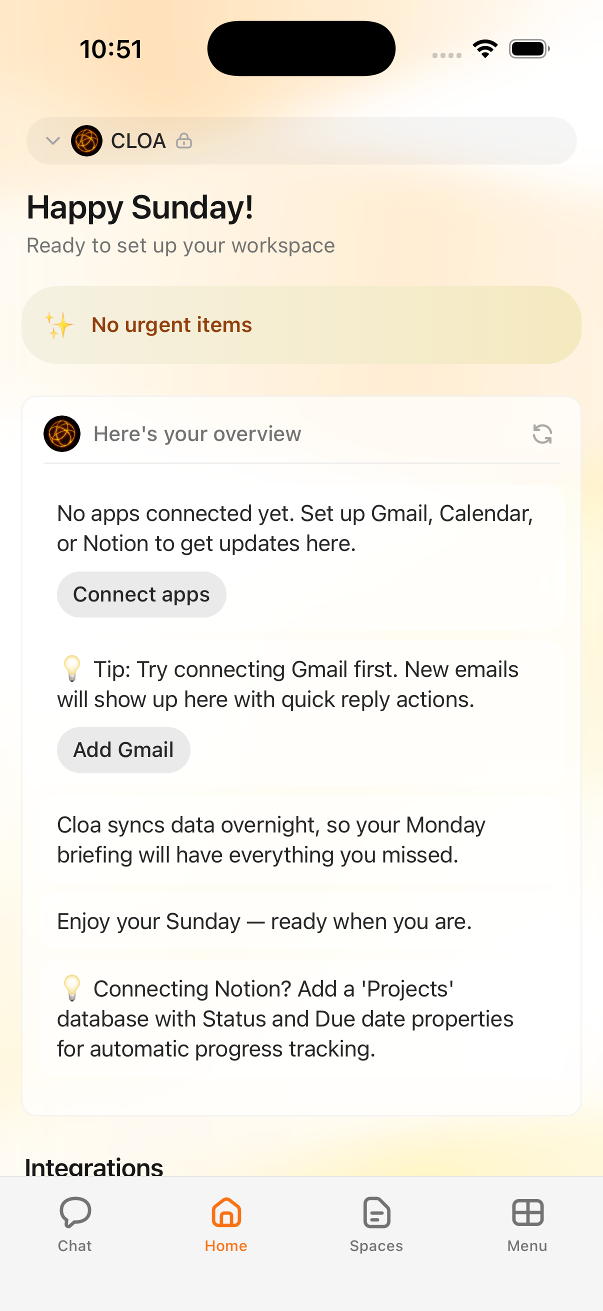 Overview card showing Cloa's conversational summary of the day