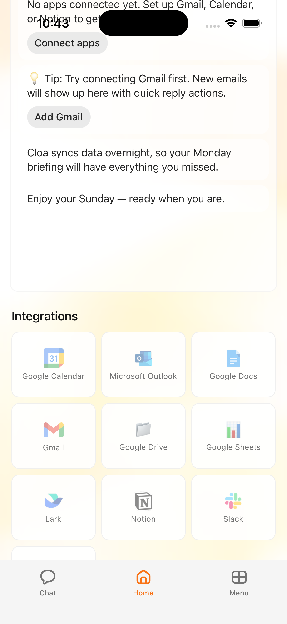 Integrations grid showing connected app tiles below the briefing