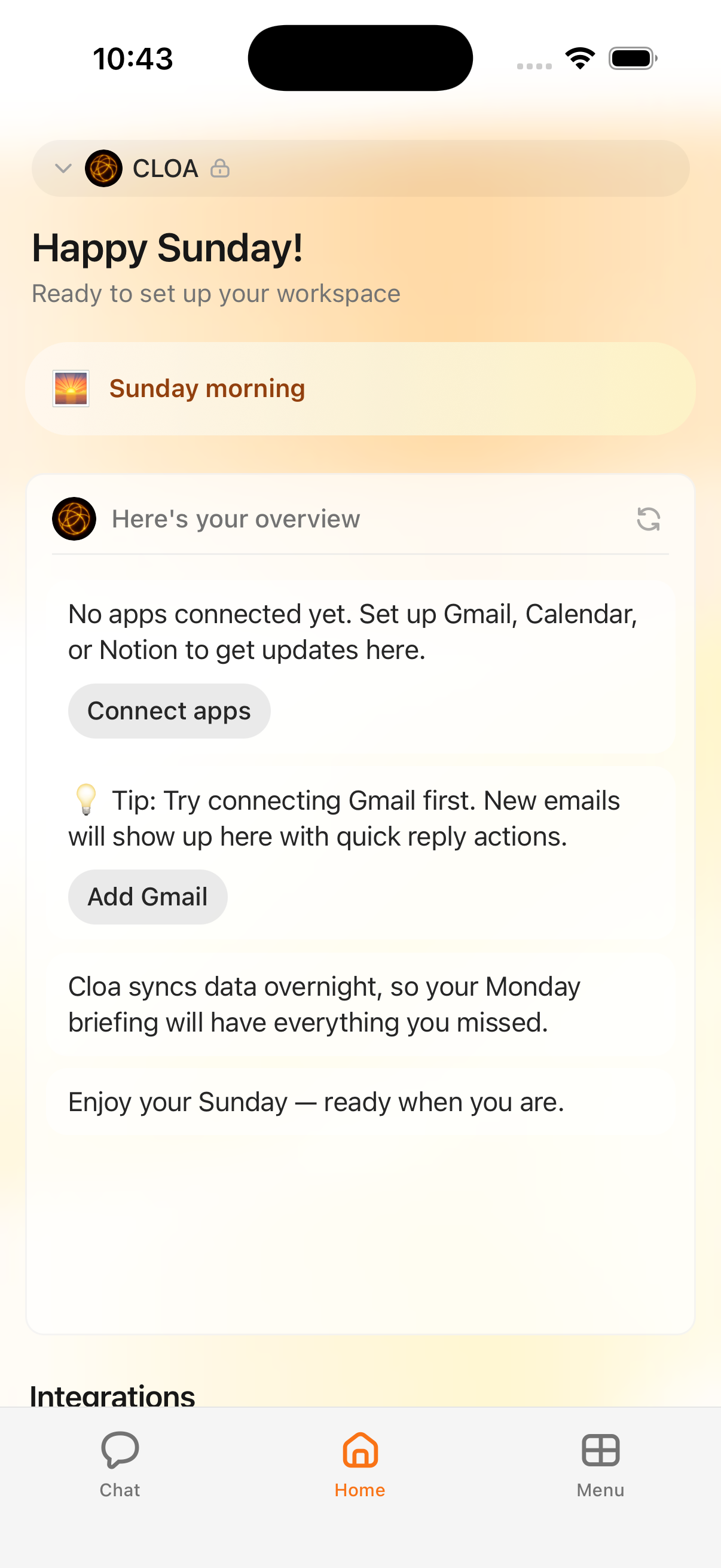 Home tab showing the Daily Briefing with greeting, time pill, and overview card