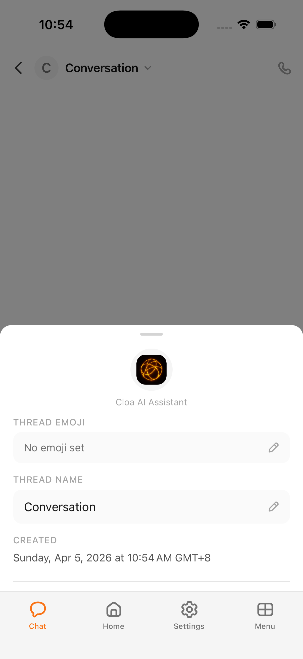 The conversation detail sheet for renaming a thread and setting an emoji
