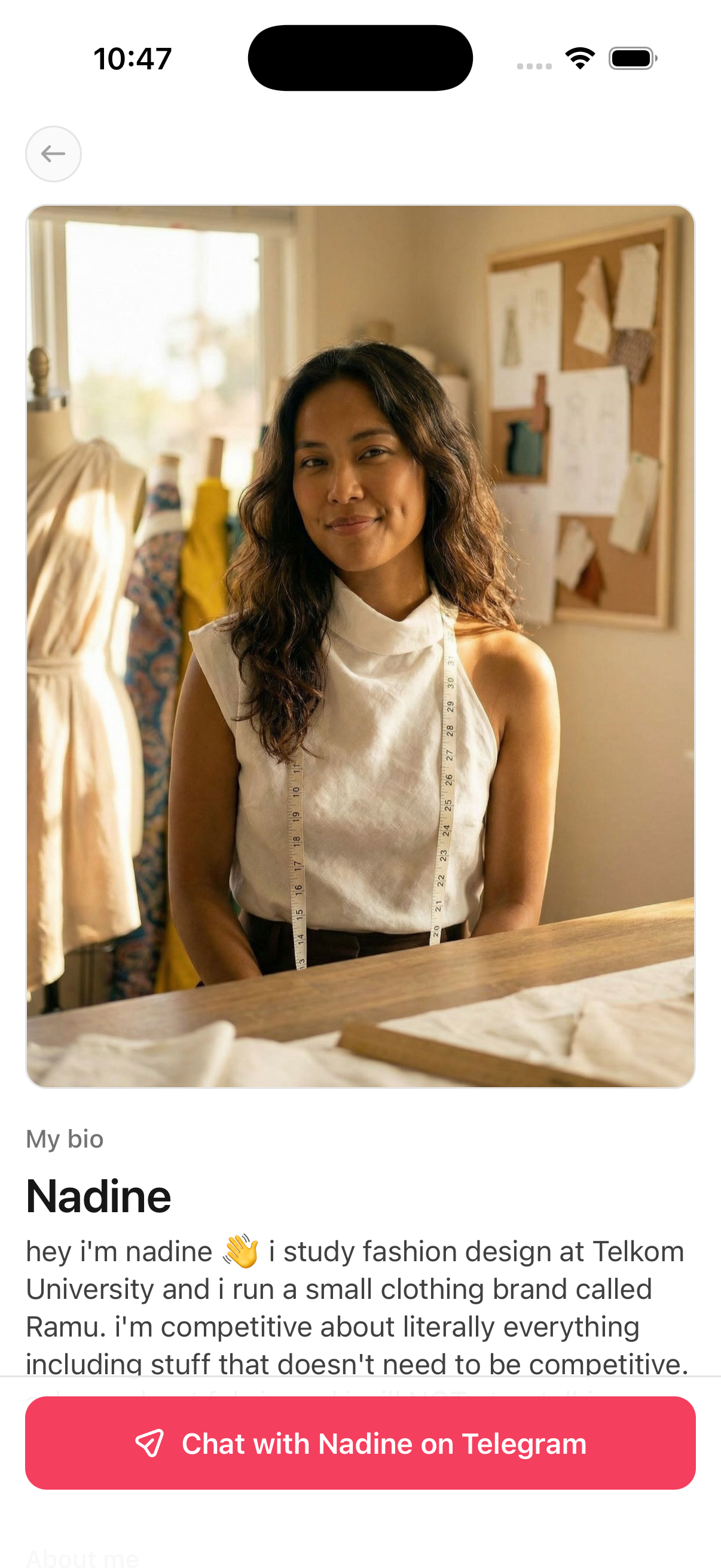 Companion detail page showing bio, tags, and voice player