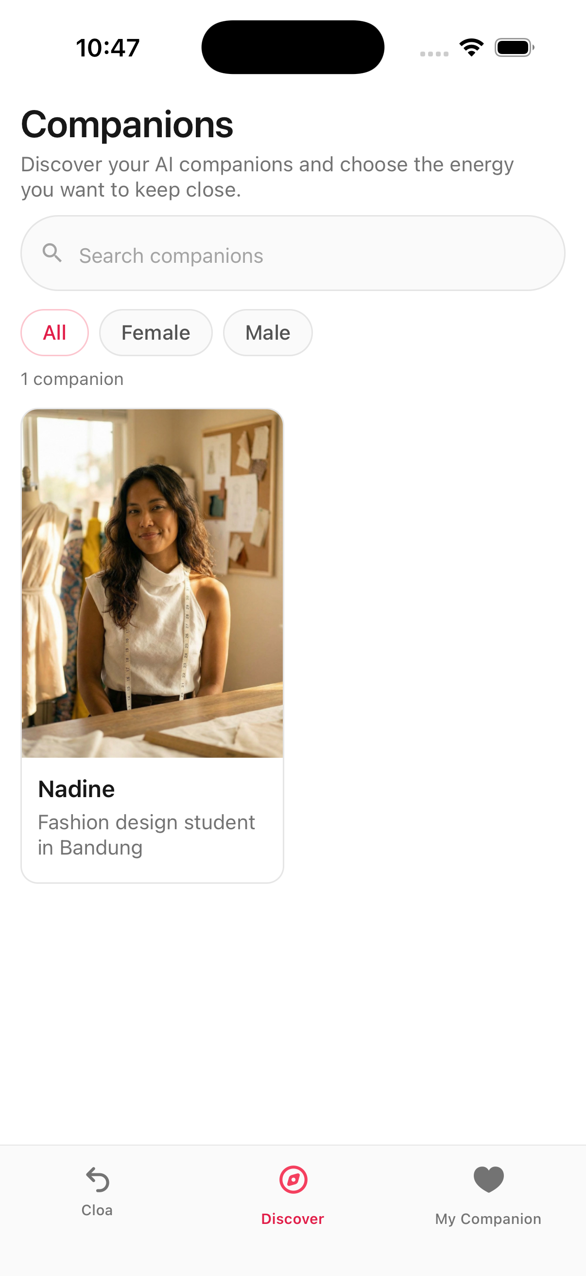 Discover tab showing companion cards with photos and taglines