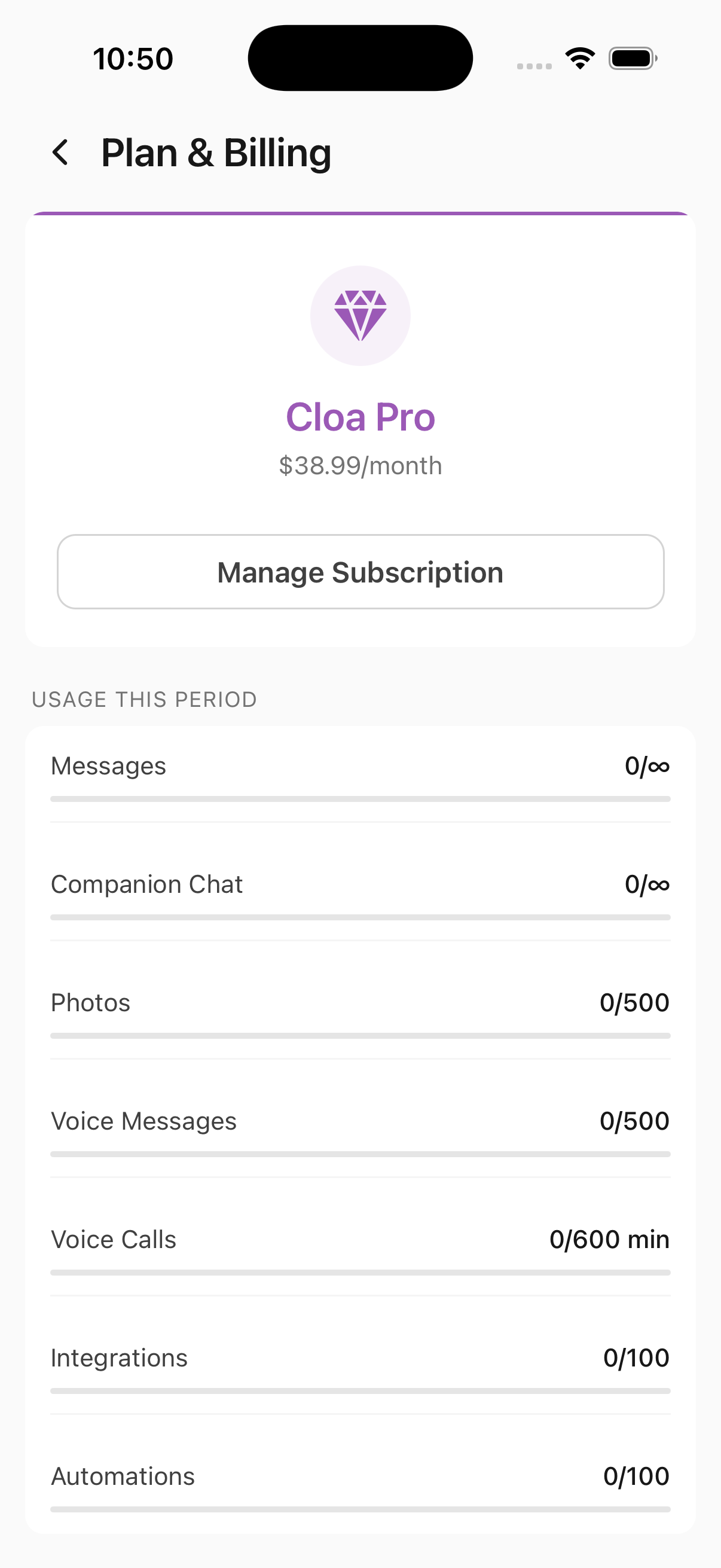 Plan and Billing screen showing Cloa Pro with usage dashboard