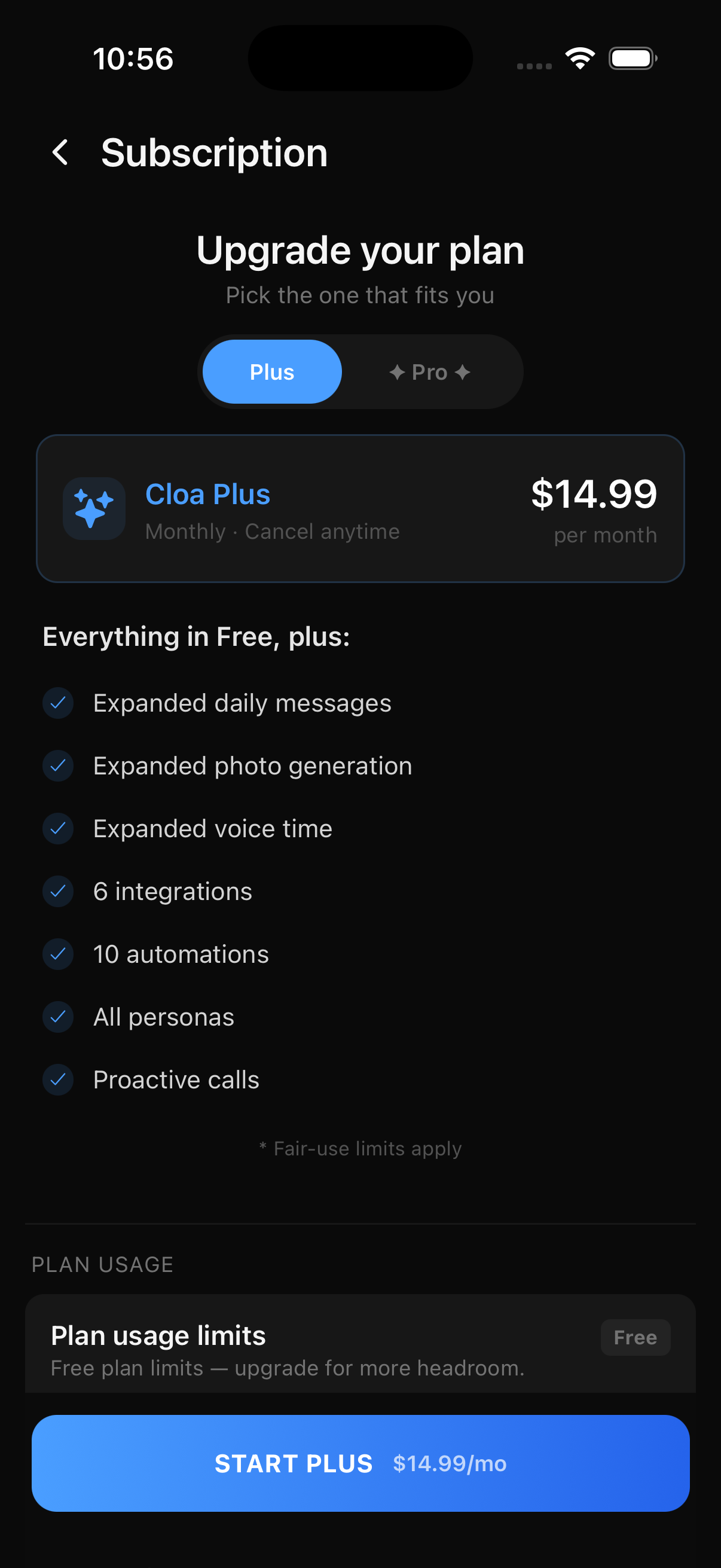 The Plan and Billing screen showing the Plus and Pro upgrade options with prices and current usage