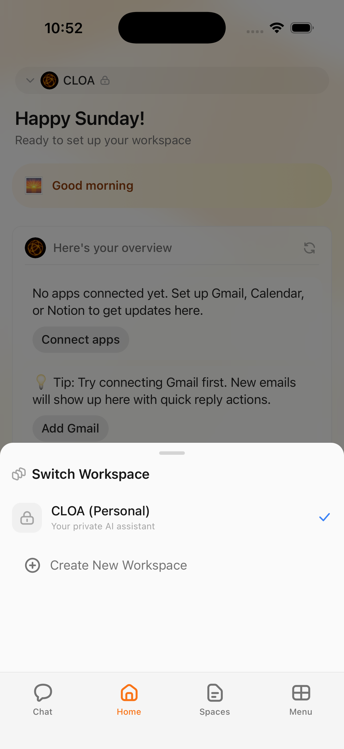 Workspace switcher with Personal selected