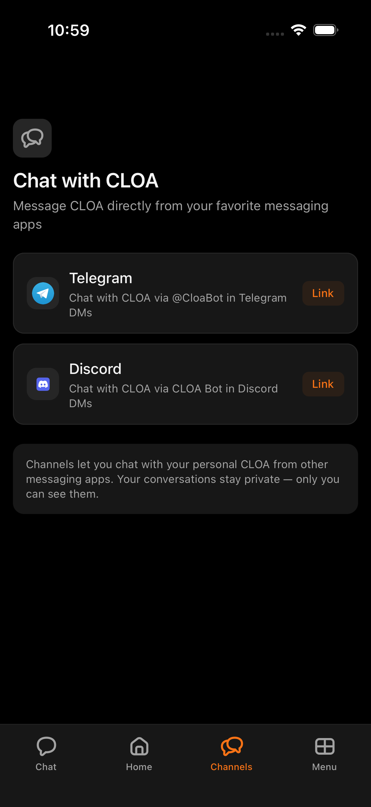 Channels tab showing Telegram and Discord channel cards
