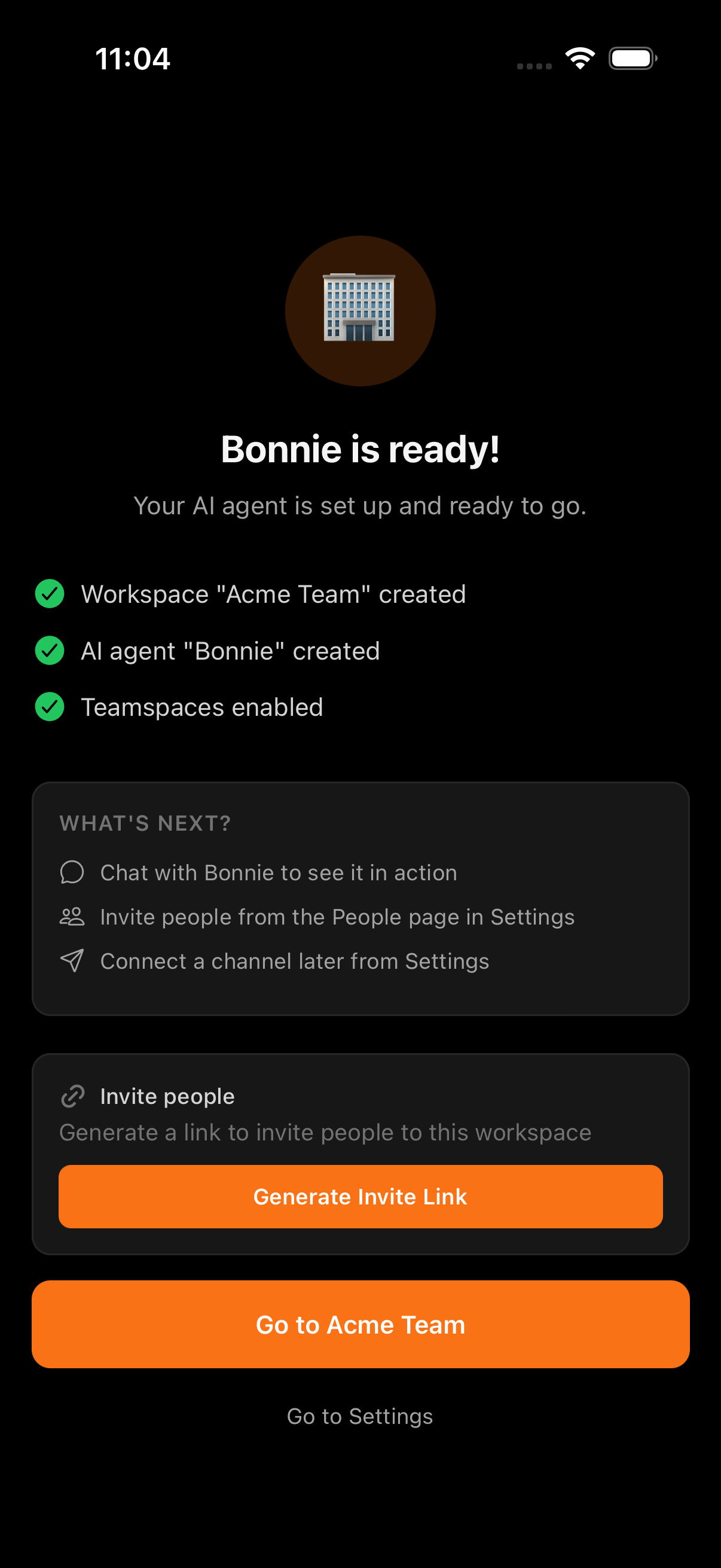 Completion screen confirming the workspace and agent are ready