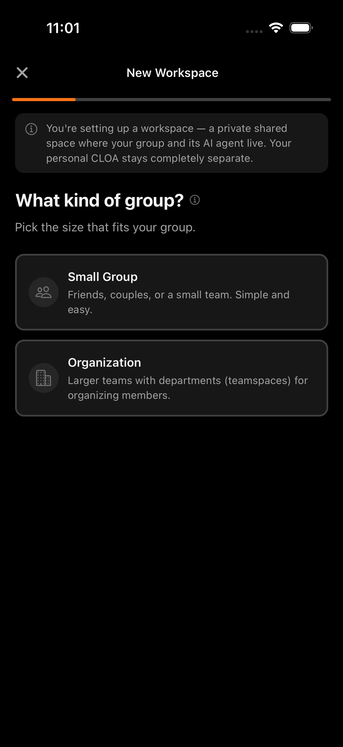 Step 1 choosing between Small Group and Organization